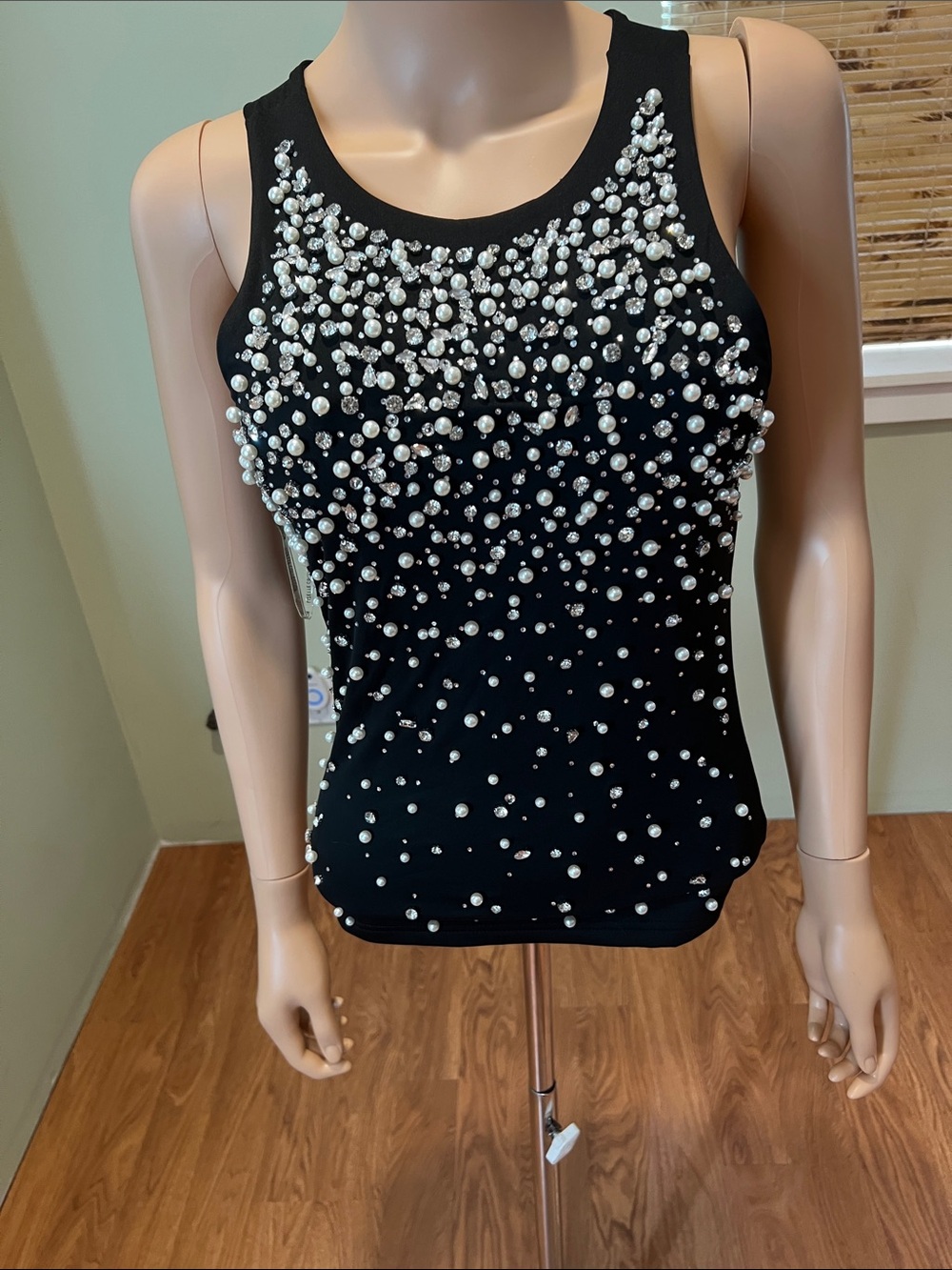 Embellished Black Pearl & Rhinestone Tank Top Size L